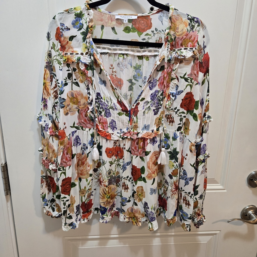 Olivaceous Floral Print Blouse with Ruffle Trim
